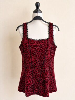 White House Black Market Red & Black Leopard Print Lace-Trim Tank Size M